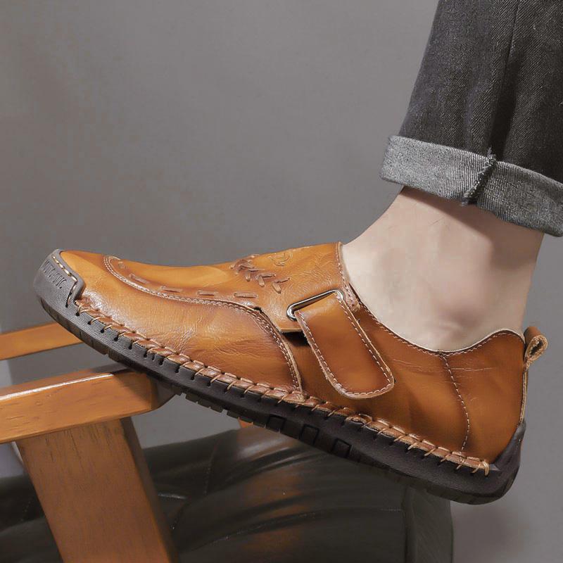 Men's Slip-On Comfortable Flat Bottom Leather Shoes Male Breathable Outdoor Casual Slip-Over Cowhide Walking Shoes Large Size 48