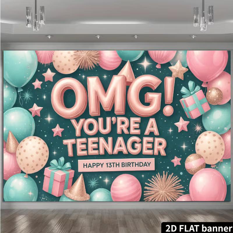 2D Pink Teal 13th Birthday Photography Backdrop, Teenager Girl Party Background