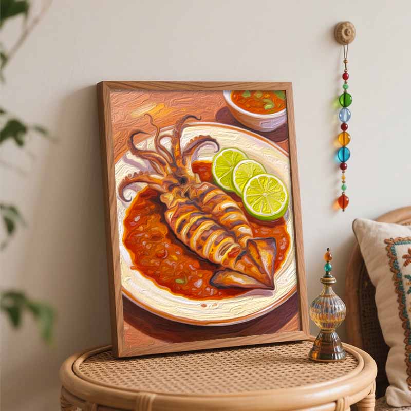 Grilled squid food paintbynumber kit. from beginners to advanced levels. for home decoration and DIY art oil painting.