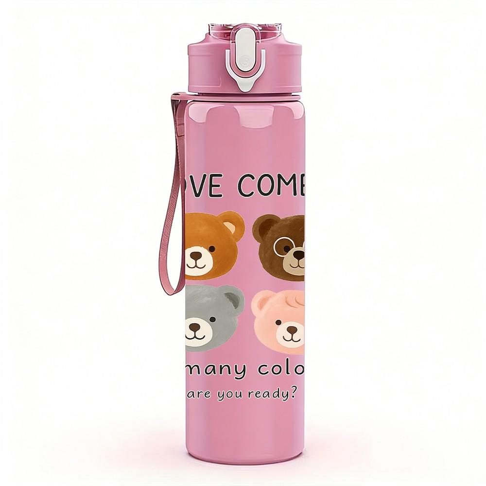 1PC Love Comes Teddy Bear 750ml Color Plastic Sports Water Bottle Leakproof Flip Straw Lid Suitable for Sports Office Home Use
