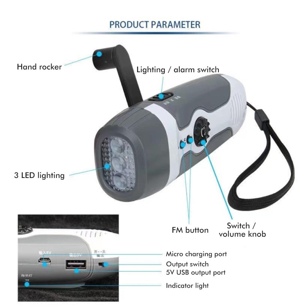 Handkurbel-Lade-Taschenlampe mit 3 LED-Lichtern, FM-Radio, Alarm für Reise, Camping, Bergbau, Katastrophe