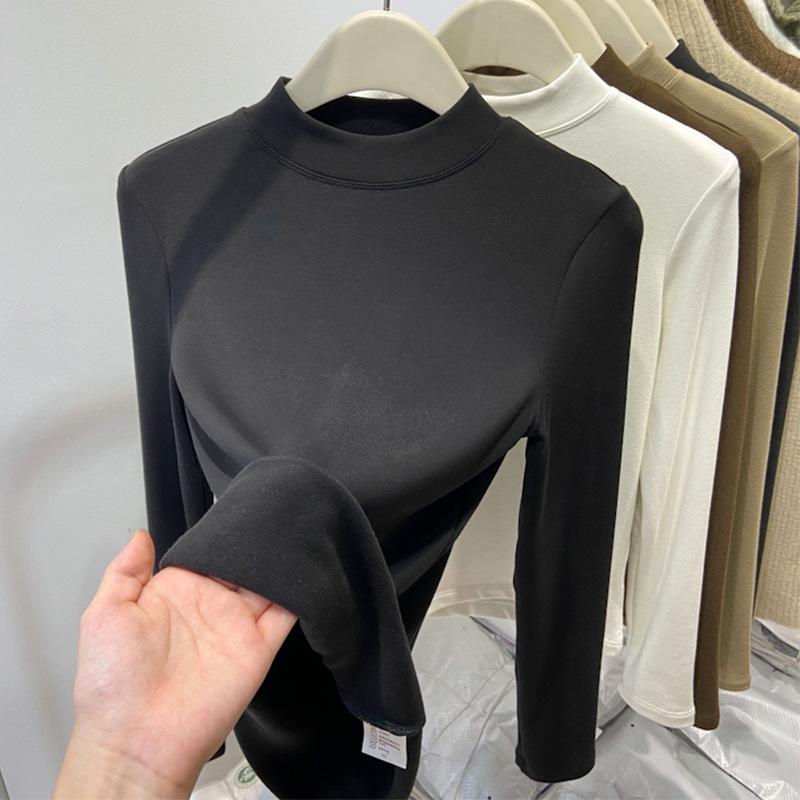 Women's Slim Fit Fleece-Lined Stand Collar Shirt, Brushed Thin Fleece, Long-Sleeve T-Shirt, Autumn/Winter 2025