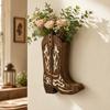 Wooden Western Boot Wall Decor with Vase Rustic Hollow Carved Hanging for Entryway