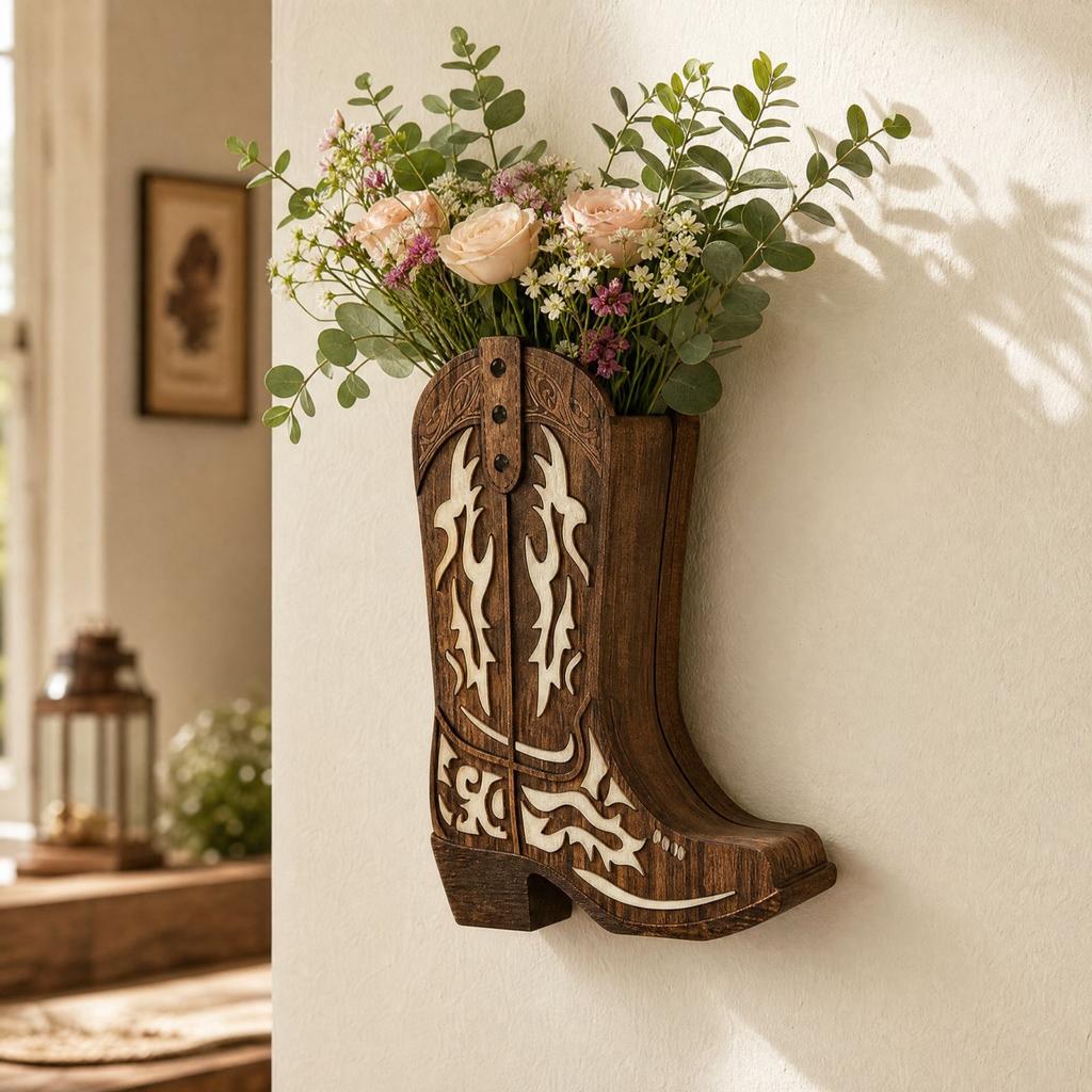 Wooden Western Boot Wall Decor with Vase Rustic Hollow Carved Hanging for Entryway