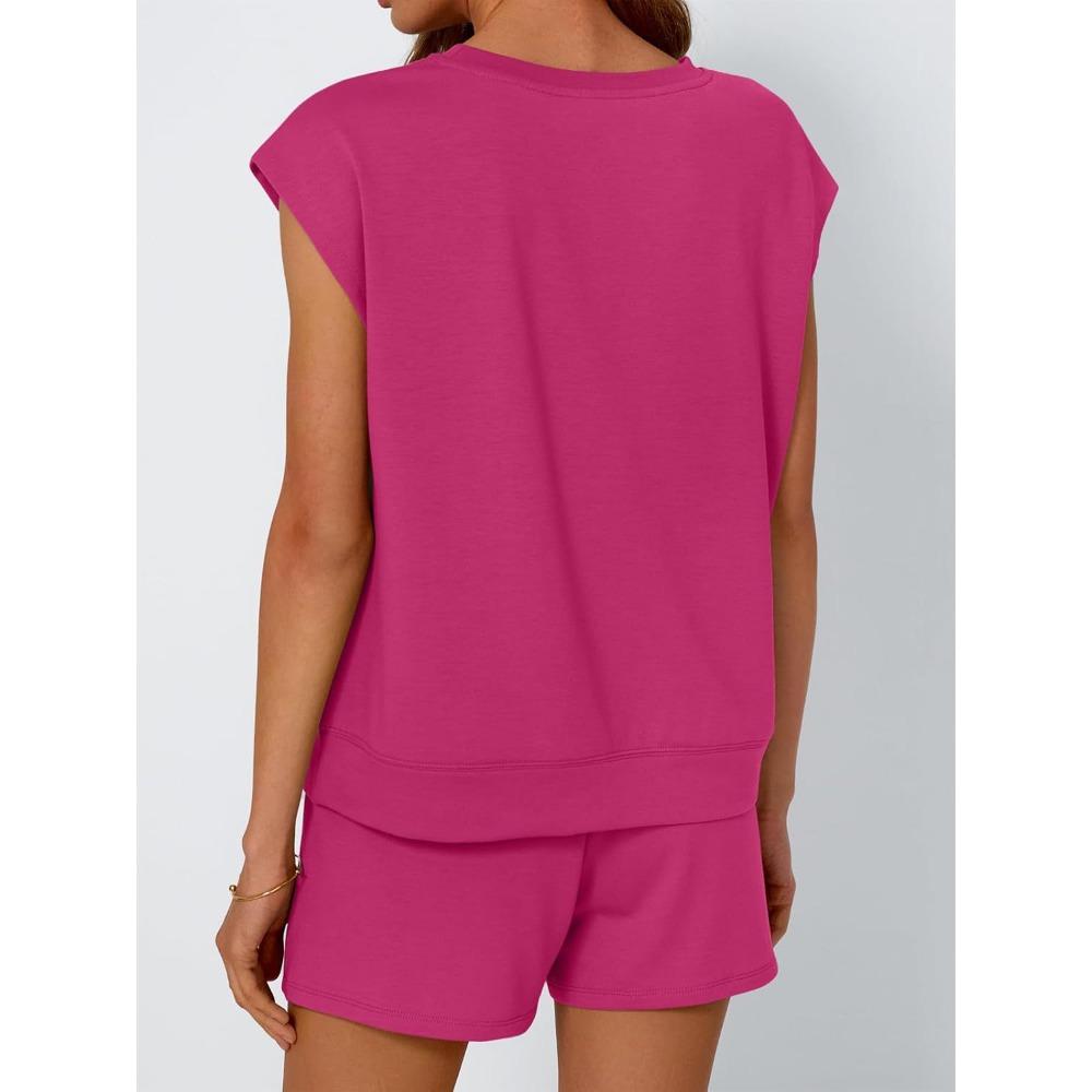 Women Spring Summer New Crew Neck Loose Short Sleeve Two Piece Outfit Set