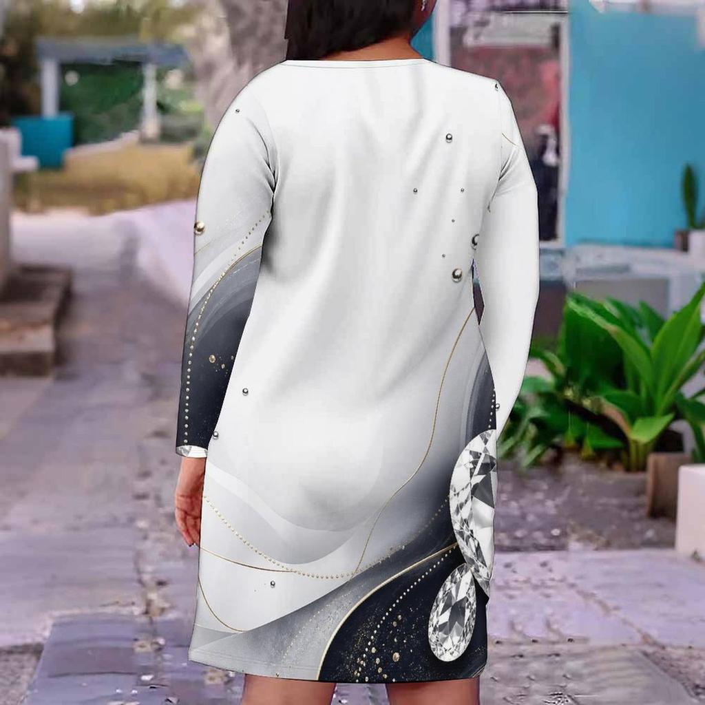 Women Plus Size V Neck Long Sleeve Printed Fitted Straight Dress White Black