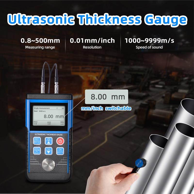 Ultrasonic Thickness Gauge 0.8-500mm 0.01mm Resolution Handheld for Metal/Steel with Sound Velocity Measurement Data Storage