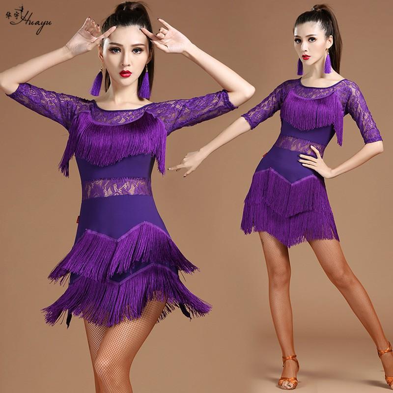 Womens Latin Dance Performance Dress With Lace Fringe Milk Silk Fabric Ballroom Events Competitions