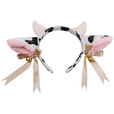 Cow Ears Horns Headband Bowknot Ribbon Bells Headwear Elastic Hair Hoop for Party Animal Cosplay Costume Accessories