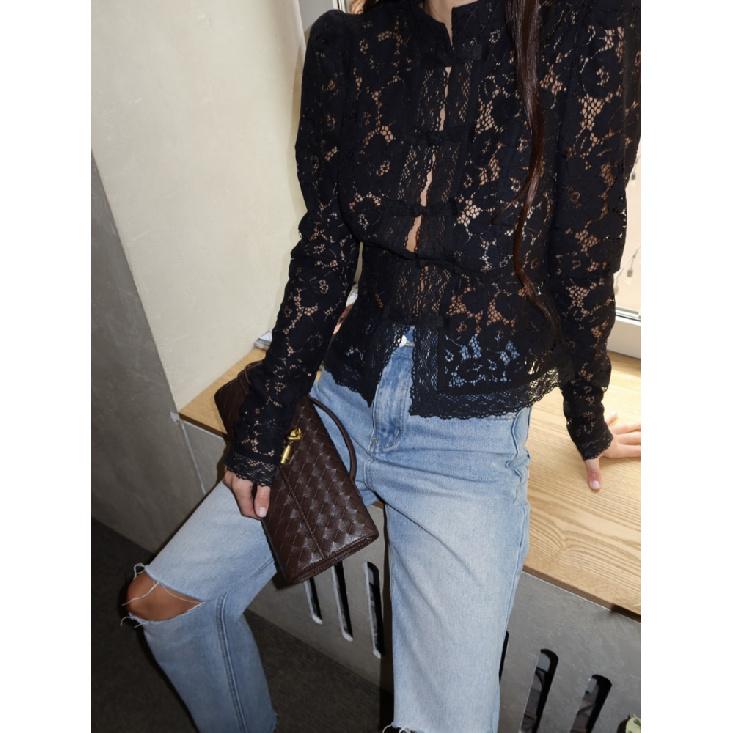 Nová krajková háčkovaná květinová dámská košile Módní dojíždění Dlouhý rukáv Kardigan Top Retro Slim Stojáček Dámské halenky