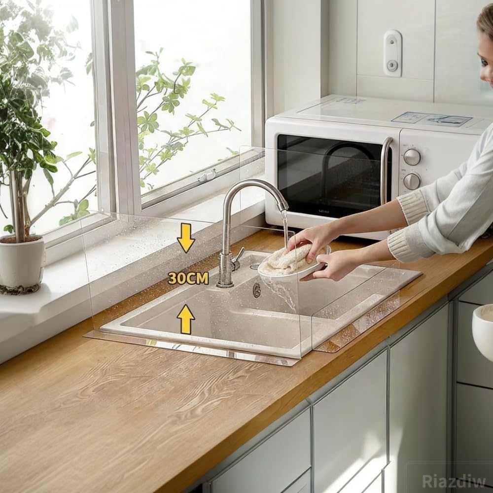 KQQK Transparent Waterproof Panel, Kitchen Sink Splash Guard, Traceless Crystal Adhesive, Easy