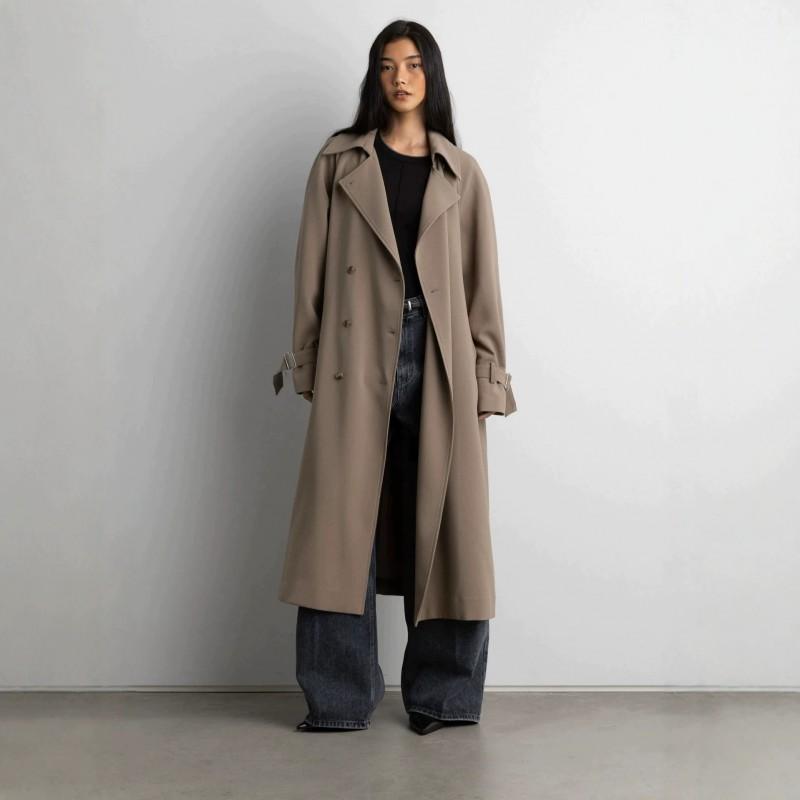 Doppelreihiger Trenchcoat für Damen mit Stehkragen, Taillengürtel, lockerer Passform, langer Länge, übergroße Oberbekleidung in einfarbigen Farben