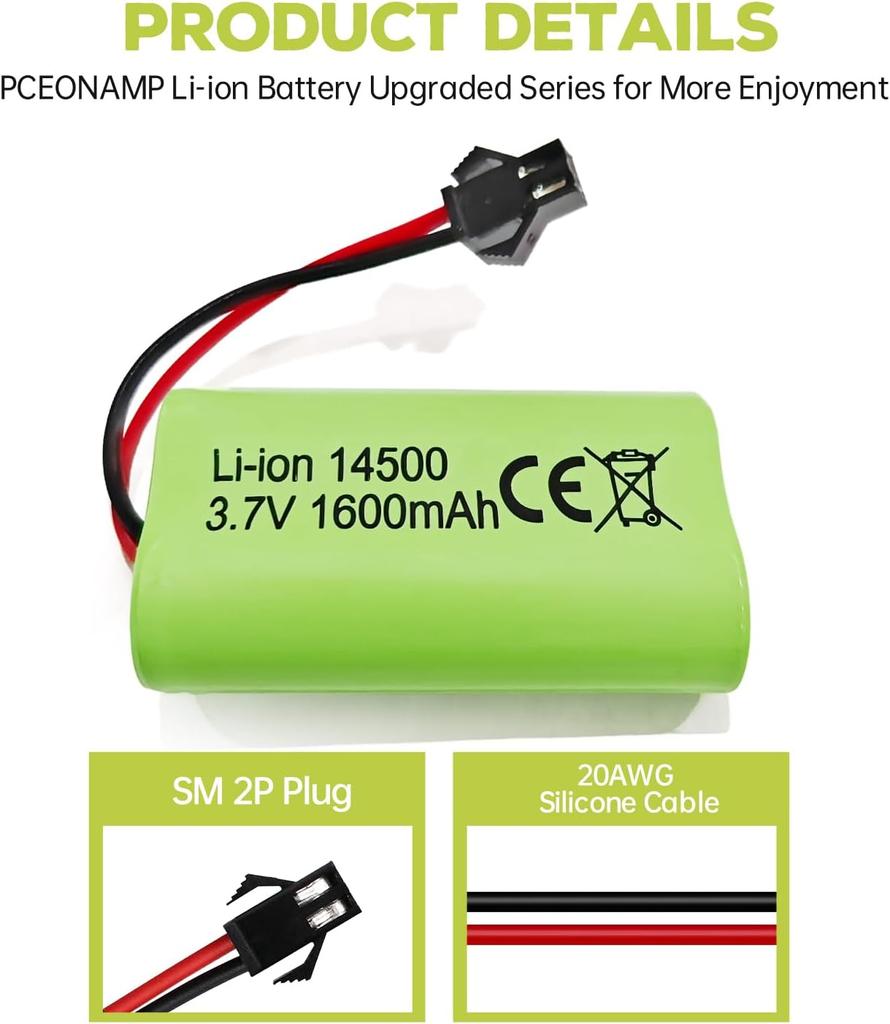 2x Li-ion Rechargeable Batteries 3.7V 1600mAh with SM-2P Connector + USB Cables – Compatible with RC Car 9962 8837 and Toy Truck
