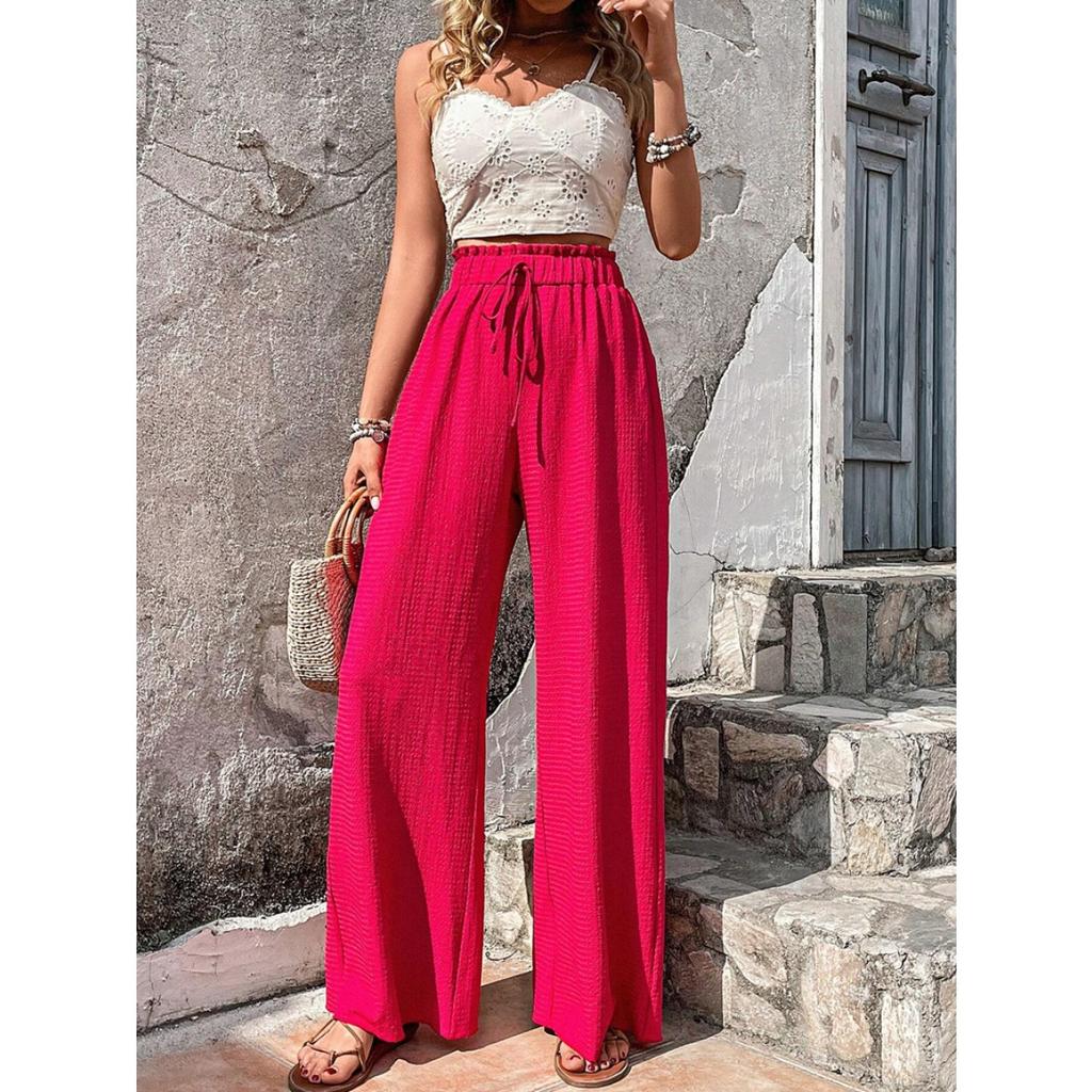 Women's Drawstring Elastic Waist Textured Crinkle Wide Leg Pants Loose Fit Casual Summer Beach Trousers