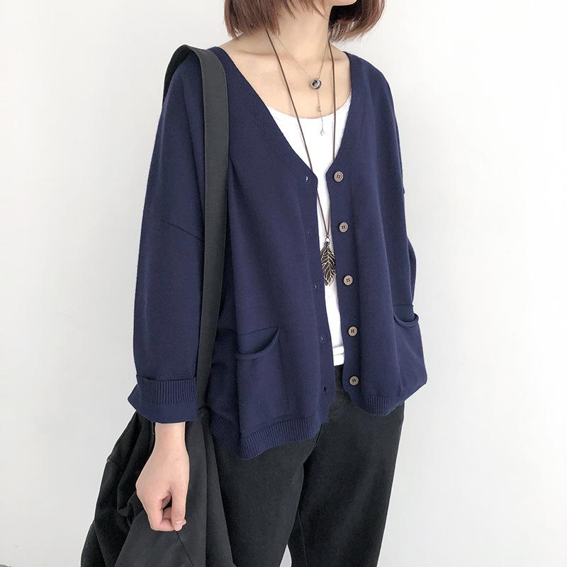 Johnature Spring Women Cardigan Swetry Solid Color Loose V-Neck Long Sleeve All Match Pockets Coats