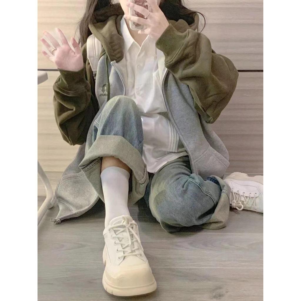 Women's Oversized Retro Color Block Patchwork Hooded Sweatshirt Jacket for Autumn