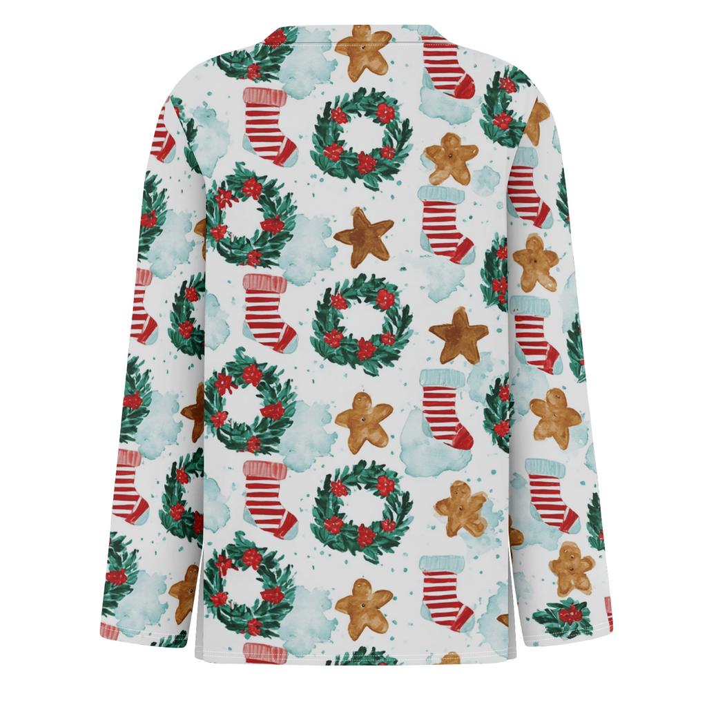 Women's Christmas Print Long Sleeve Top with Round Neck and Side Slit Hem Festive Holiday Blouse