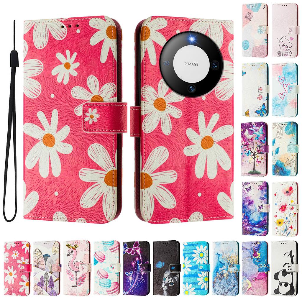Pink Daisy Luxury Painted Leather Case Wallet PU Leather Book Style Cover for Huawei P20 P30 P40 P50,Pura 70,Mate 60,Mate 70,Honor 50...
