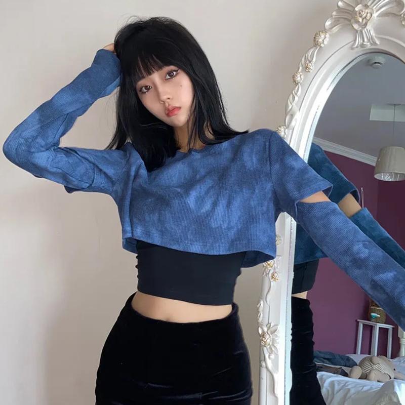 Jarní a podzimní nové batikované dvoudílné topy Dámské krátké tričko s výřezy na rukávech Streetwearový cool styl Ležérní košile