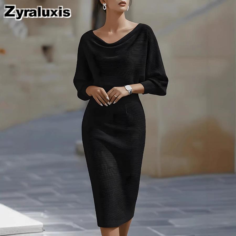 Elegante Abito Lungo da Donna alla Moda con Maniche a Pipistrello, Colore Unito, Collo Alto, Arricciato