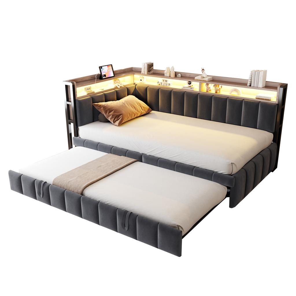 Canapé-lit individuel rembourré 90x200cm avec lit gigogne, éclairage LED, rangement aux extrémités tête et pied, ports USB et Type-C, tissu velours gris foncé