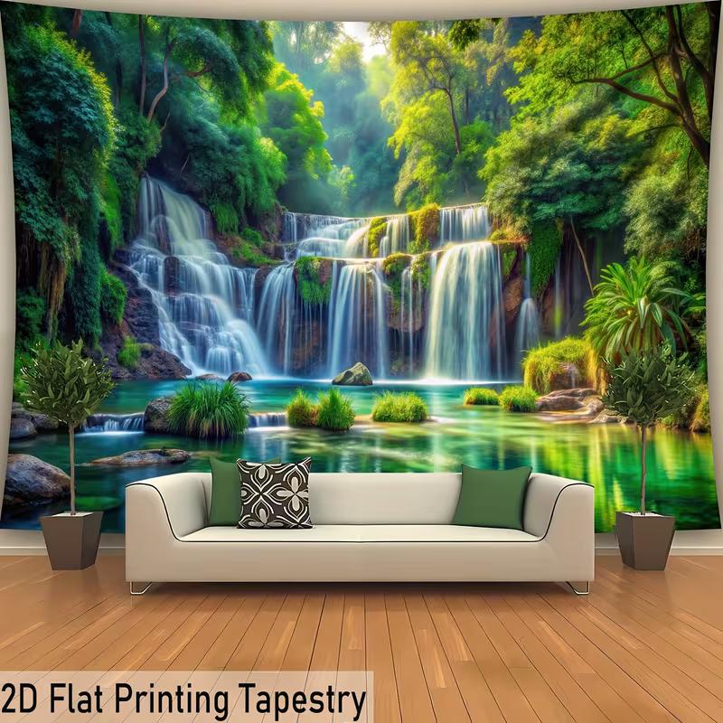 Tropical Forest Waterfall Tapestry Wall Art, Natural Green Scenery Hanging Cloth for Home & Dorm Decoration