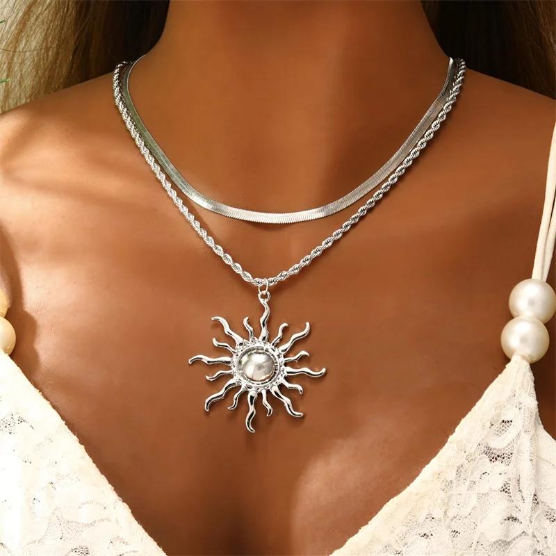 925 Silver Double Layer Sun Pendant Necklace for Women Trendy Bohemia Snake Bone Chain Necklace Party Jewelry Gifts