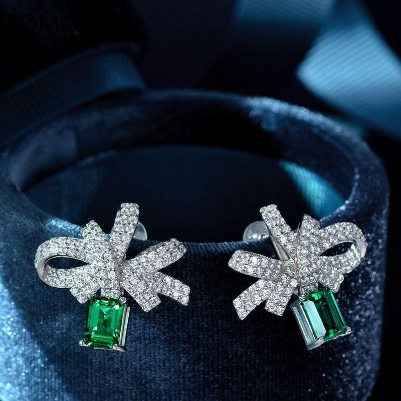 Luxury S925 Sterling Silver Diamond Stud Earrings For Women Wedding Ladies 5*7mm Emerald Earring Female 21*23mm Earring Jewelry