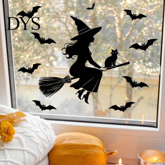 Festive Atmosphere Wall Stickers Halloween Witch Black Cat Static Window Stickers, Waterproof PVC Silhouette Decals, Indoor And Outdoor Ornament