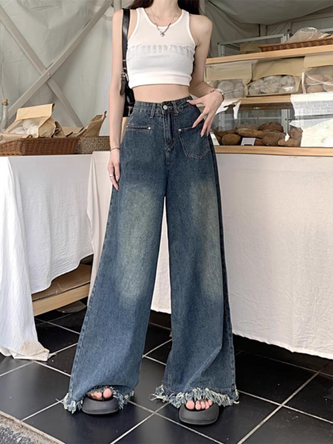 

Женские джинсы ретро с необработанным краем и широкими штанинами - Высокая посадка, стройнящий дизайн для весны и осени 2025 S