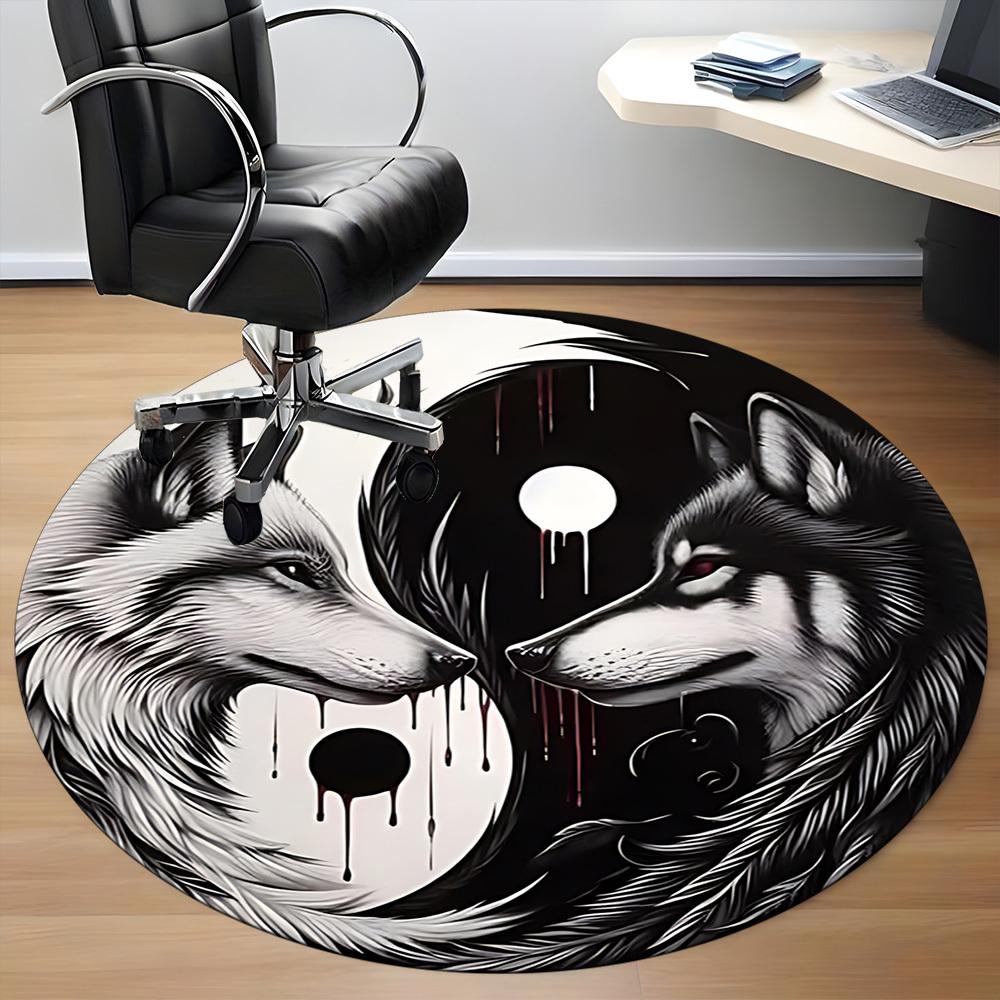 1pc Wolf YinYang Office Round Area Rug, Under Office Chairs Bedroom Living Room Home Decor, Room Deco