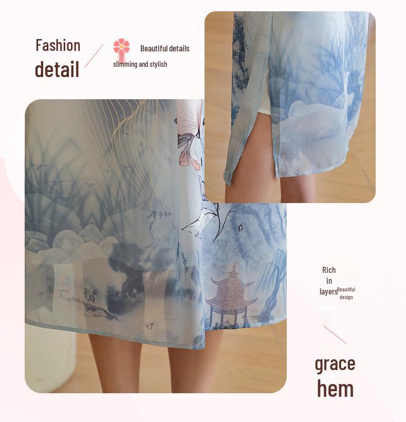Elegant Ice Silk Summer Dress for Middle-Aged Women - Short Sleeve, Knee-Length, Chinese-Inspired Design