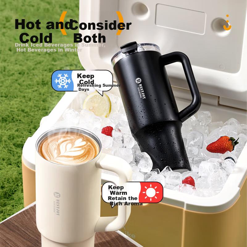 FUGURNG BESTJOY Insulated Mug, Large Capacity Ice Cup, Cold-Keeping Cup, 316L Stainless Steel with Handle, Dual-Use 1000ml Car Water Bottle