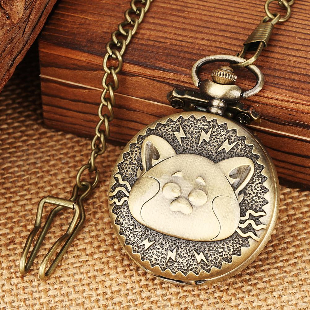 Vintage Pet Cat Head Shaped Quartz Pocket Watch Animal Necklace Steampunk Pendant FOB Clock with 80cm Necklace/30cm Hook Chain