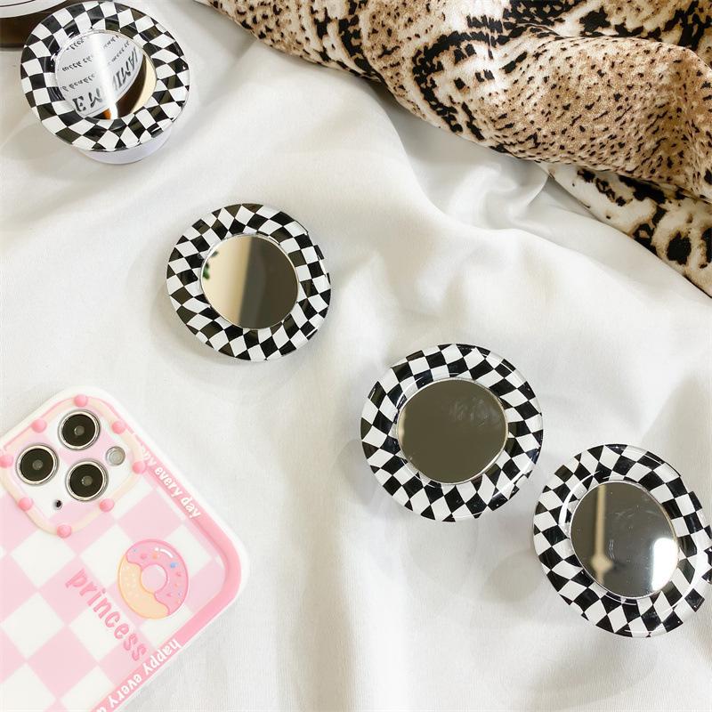 Creative Makeup Niche Style Checkerboard Mirror Mobile Phone Holder Retractable Paste Lazy Desktop Airbag