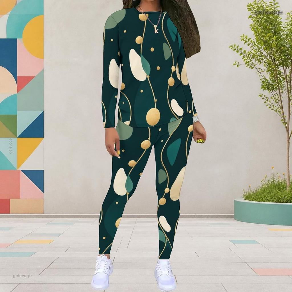 Women Plus Size Two Piece Set Round Neck Long Sleeve Black Gold Printed Top Fitted Pants