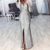 Spring Autumn Women Formal Dress Solid Color Deep V Neck Ruched High Waist