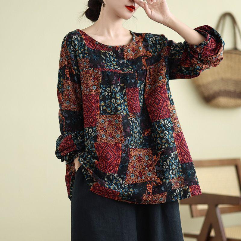 

Свободная рубашка с длинными рукавами для женщин среднего возраста и пожилых людей больших размеров из хлопка и льна с принтом, закрывающая живот, стиль весна-осень 3XL красный