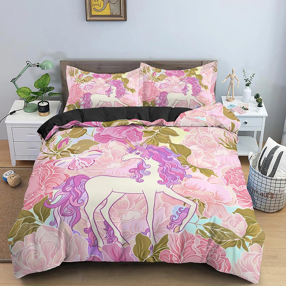 Unicorn Duvet Cover King Queen Cartoon Animal Bedding Set Kids Teens Adults Lovely White Magical Creatures Polyester Quilt Cover