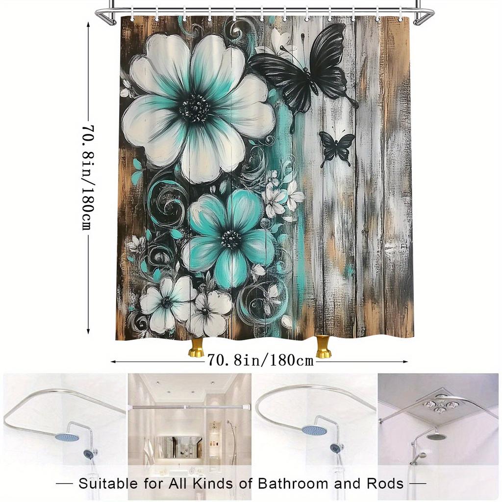 Whimsical Floral Shower Curtain - Teal & White Flowers, Black Butterflies, Rustic Wood Background, Polyester,Water-Resistant