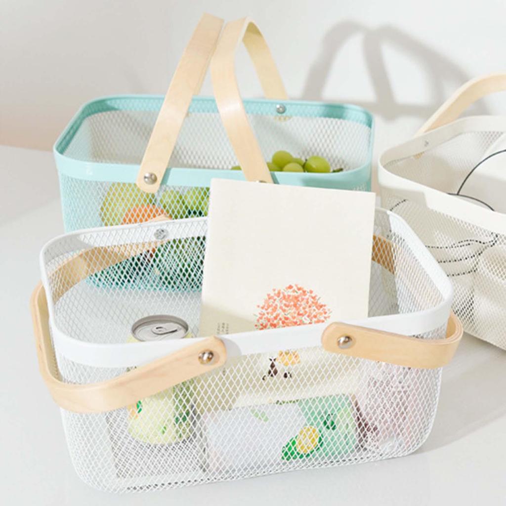 Panier de Rangement Pique-nique Poignées en Bois pour Sortie Randonnée Fruits Légumes Blanc