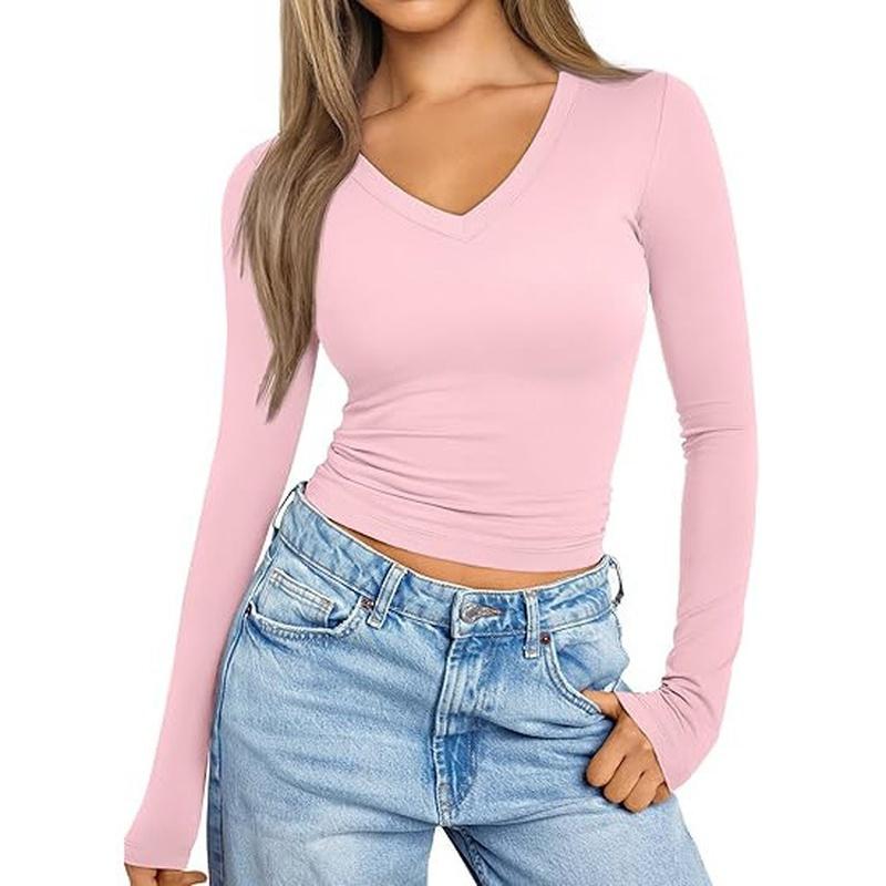 Women's V Neck Top Long Sleeve Slim Fit Basic Casual T Shirt