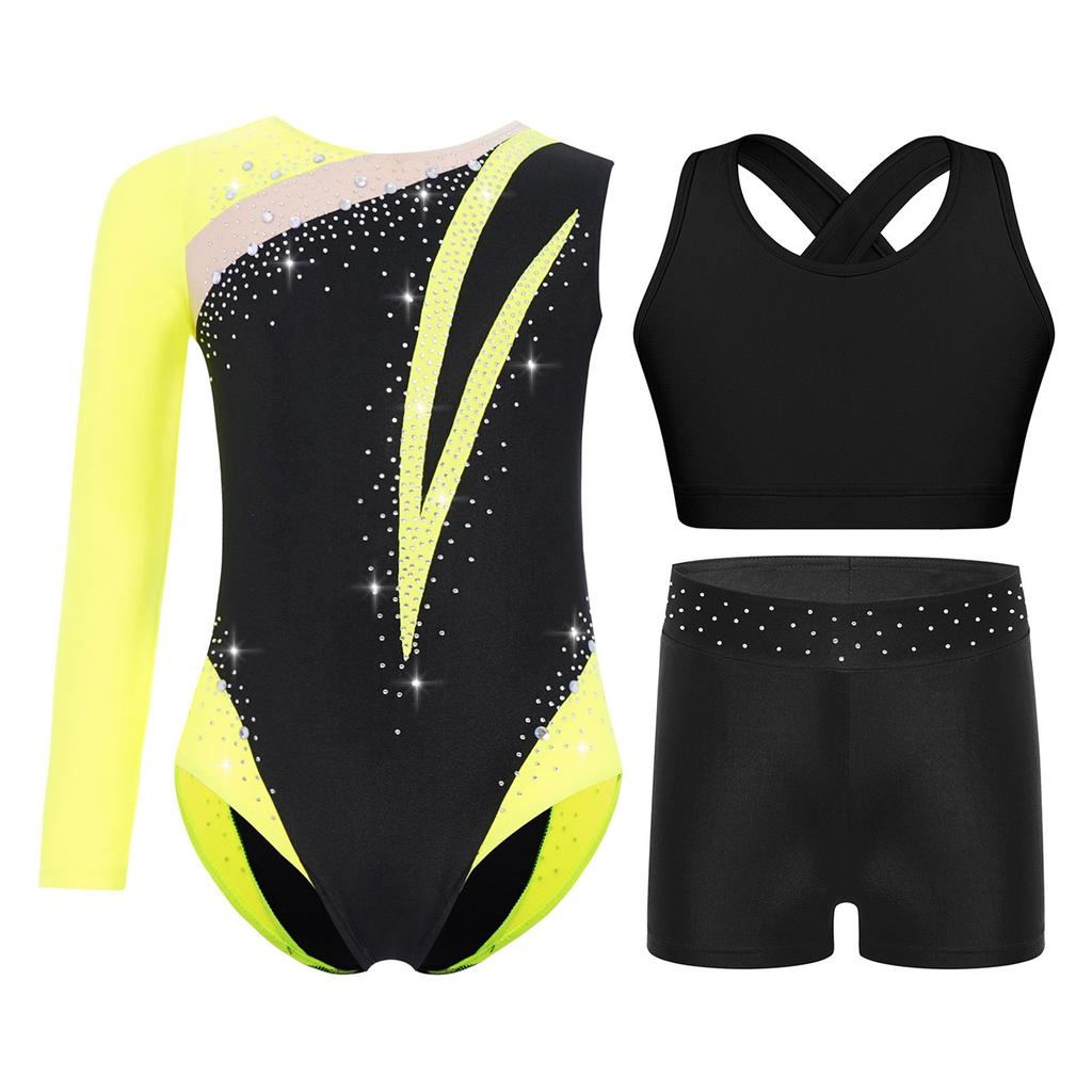 Girls Gymnastics Dance Outfit Shiny Rhinestones Color Block Asymmetrical Leotard Cross Back Keyhole Vest