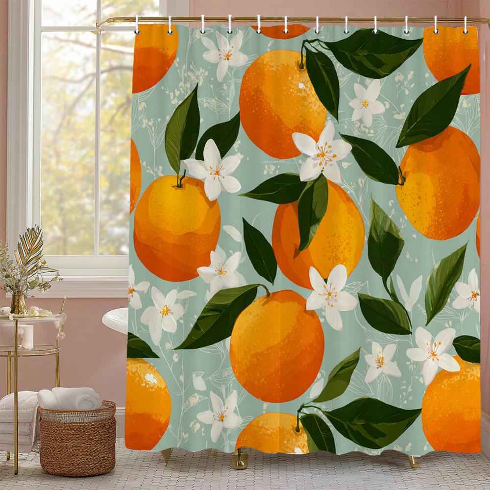 Lemon, Strawberry, Peach Tropical Fruit Shower Curtain, Bathroom Decorative Shower Curtain, Print Polyester Curtain With Hooks