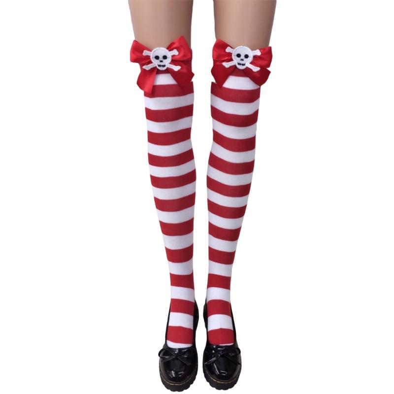 Festival Bowknot Accent Striped Long Socks for Women Christmas Parties Cosplay Thigh High Over Knee Stockings Hosiery