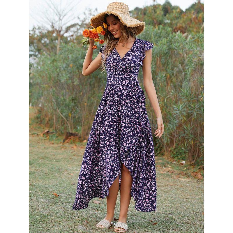 

Fashion Bohemia Large Swing Dress Printed V-neck Lace up Slim Fit Beach Vacation Jumpsuit Navy blue S