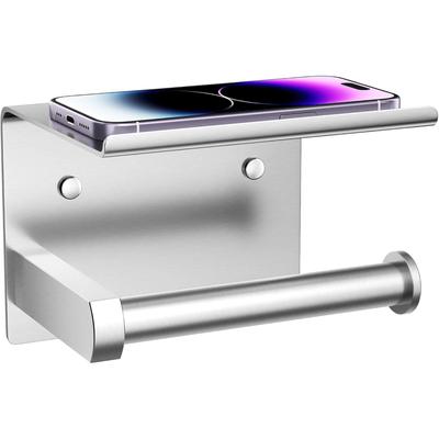 Toilet Paper Holder with Phone Shelf, Wall Mount Toilet Tissue Roll Holder, Rustproof & Multifunctional Stainless Steel Bathroom Storage Dispenser