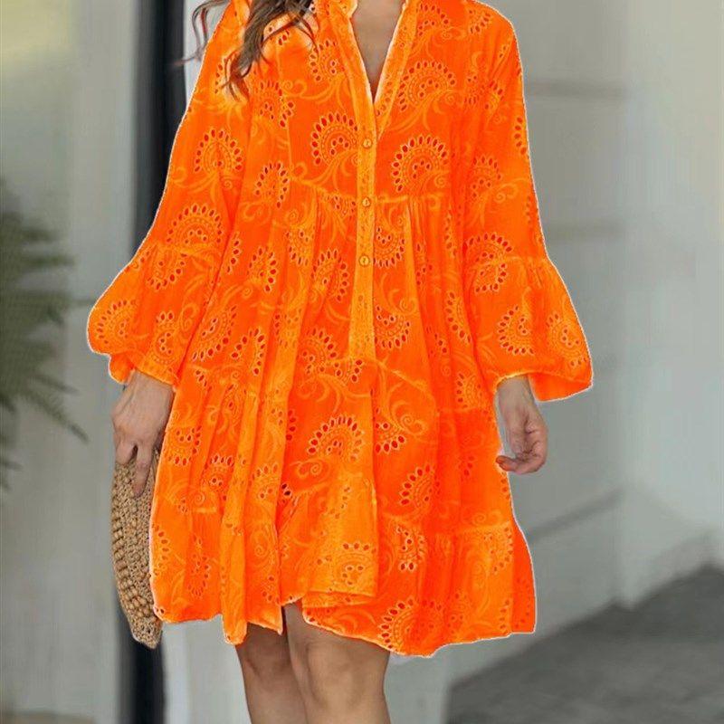 Cross Border Solid V-neck Embroidered Hollow Lace Dress