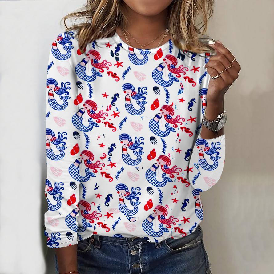 Tops For Women 3D Cute Mermaid Print Round Neck Long Sleeve T-shirt Fall Casual Slim Pullover Women's Long Sleeve Top