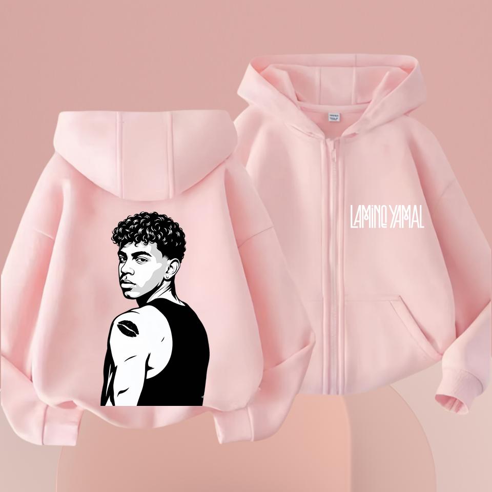 Kids Lamine Yamal Zip Up Hoodie, Boys Football Star Portrait Graphic Front Back Print Hooded Jacket, Casual Sports Sweatshirt